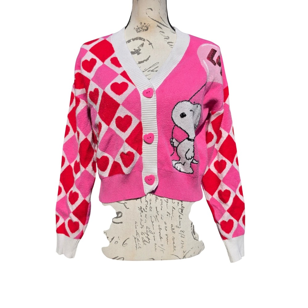 Peanuts Snoopy Heart Argyle Pink Cardigan Sweater Sequins Womens Small